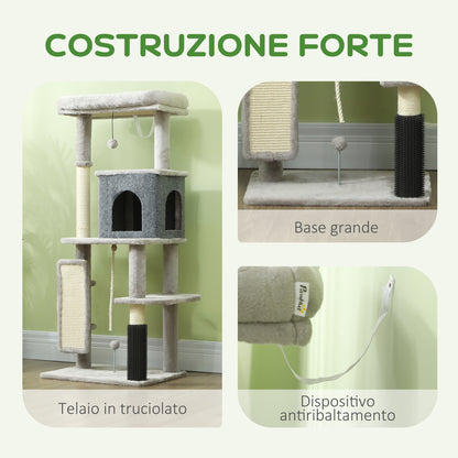 Albero per Gatti Multilivello Alto 132 cm con Casetta, Lettino, Pali Tiragraffi, Spazzola e Pallina, Grigio