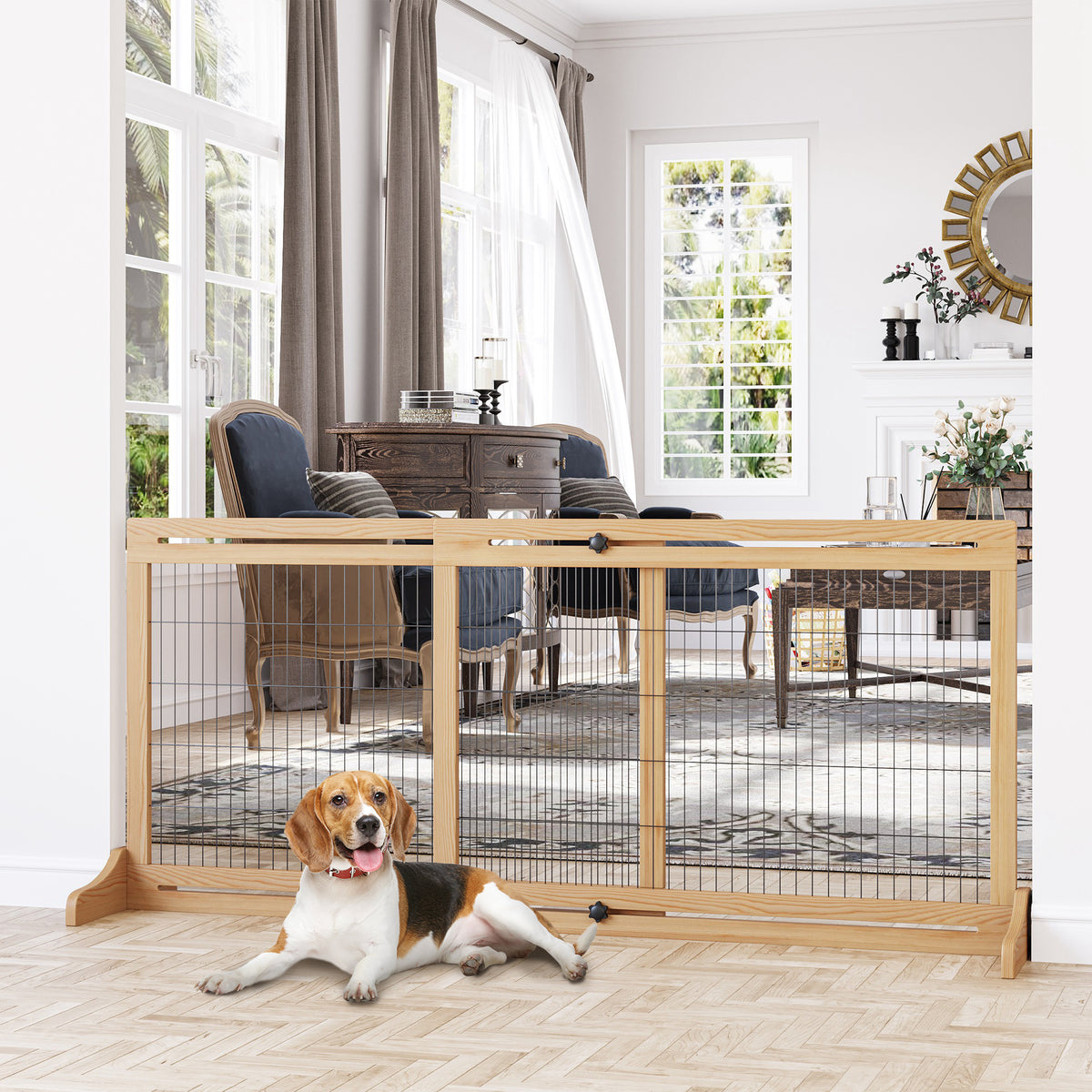 Cancellino per Cani da Interno Estensibile in Legno di Pino e Acciaio, 104-180x36x69 cm, Color Legno