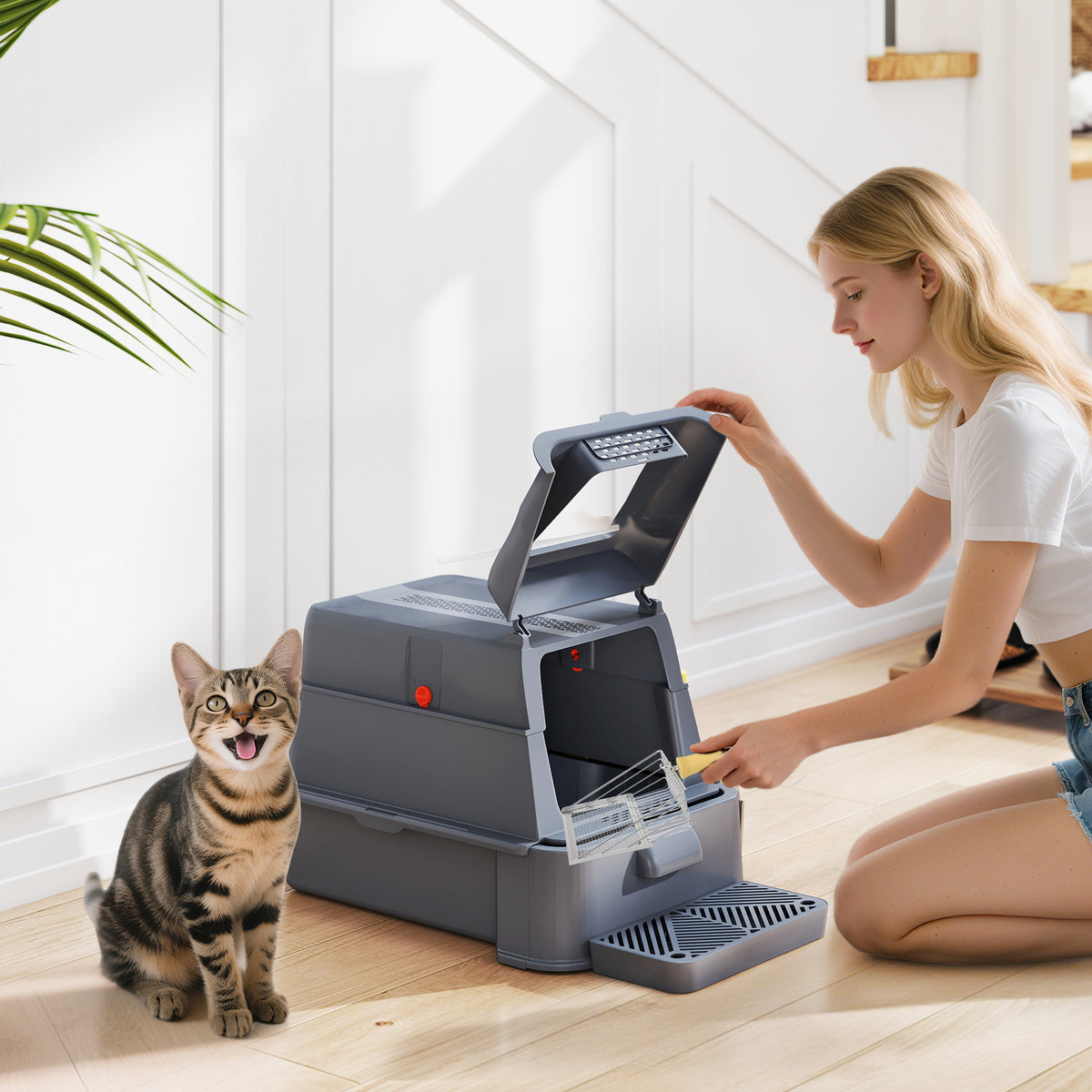 Lettiera per Gatti Chiusa da 80L con Vassoio Estraibile, in ABS e Acciaio Inox, 63x43x43 cm, Grigio Scuro