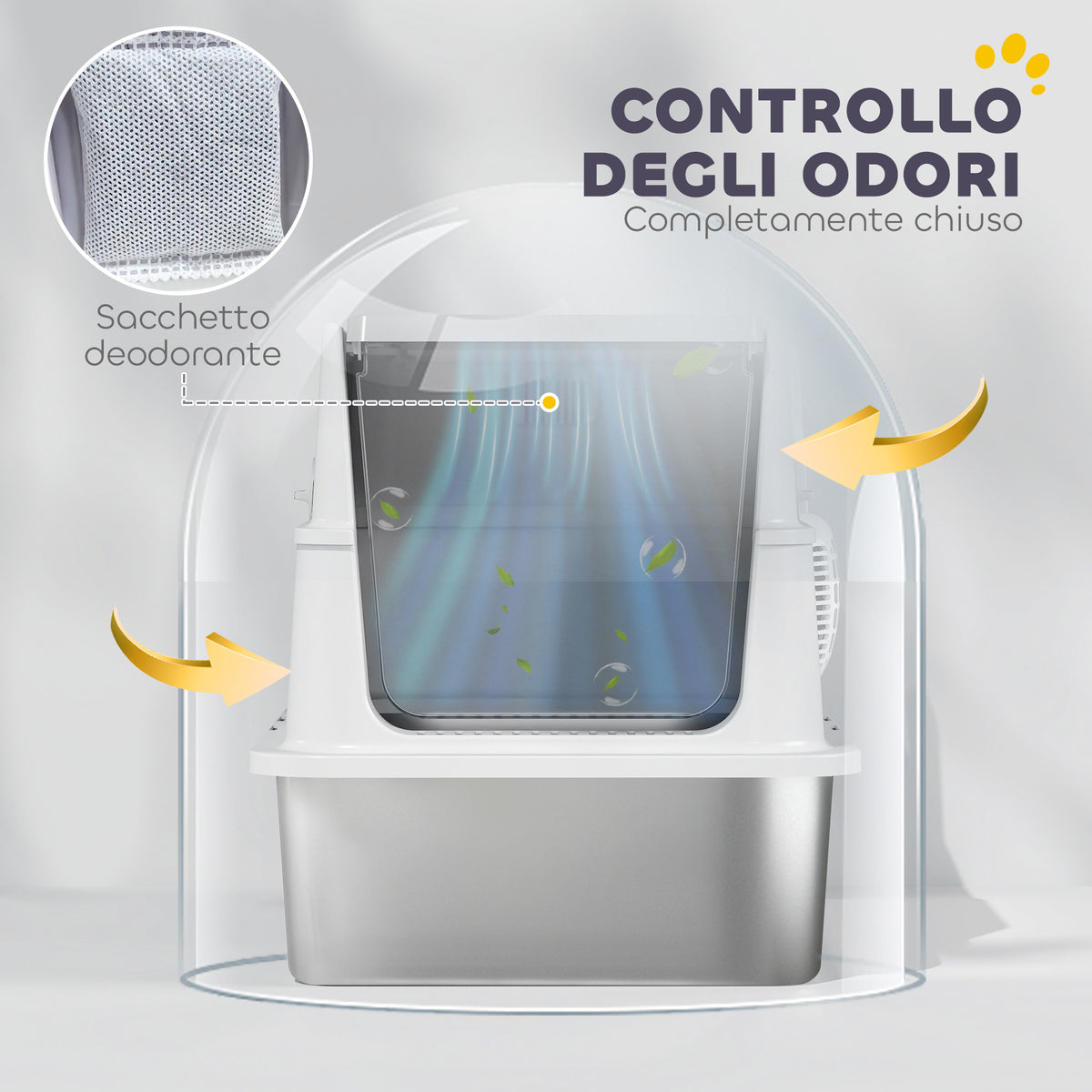 Lettiera per Gatti Grandi in Acciaio Inox con Coperchio Ribaltabile, Paletta e Deodorante, Grigio Chiaro