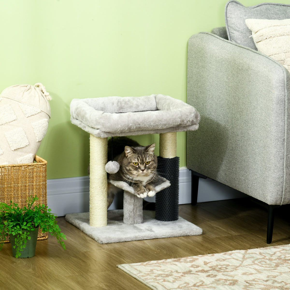 Albero Tiragraffi con Lettino, Piattaforma, Spazzola e Palo in Sisal, 40x40x48 cm, Grigio