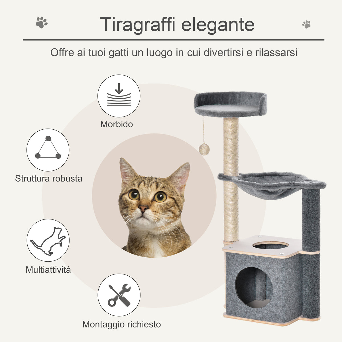 Albero Tiragraffi per Gatti Alto 95cm, Palestra per Gatti di Multilivelli con Casetta, Amaca, Pallina da Gioco, Cuccia e Corde in Sisal, 48x34x95cm, Grigio