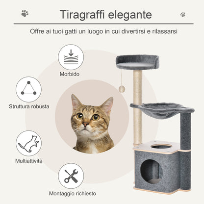 Albero Tiragraffi per Gatti Alto 95cm, Palestra per Gatti di Multilivelli con Casetta, Amaca, Pallina da Gioco, Cuccia e Corde in Sisal, 48x34x95cm, Grigio