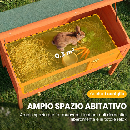 Conigliera da Esterno in Legno di Pino con Vassoio Estraibile, Tetto Apribile e Porta con Serratura, Arancione