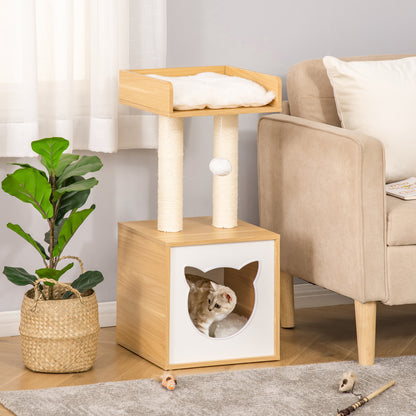 Casetta per Gatti con Pali Tiragraffi in Sisal, Cuscini Lavabili e Pallina, 35x35x81cm, Quercia