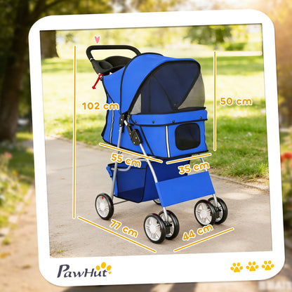 Passeggino per Cani Pieghevole con Copertura Antipioggia, Ruote Girevoli e Cuscino Lavabile, Blu