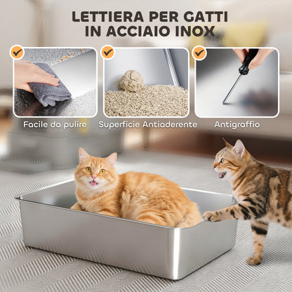 Lettiera per Gatti Chiusa da 80L con Vassoio Estraibile, in ABS e Acciaio Inox, 63x43x43 cm, Grigio Chiaro