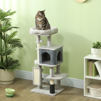 Albero per Gatti Multilivello Alto 104 cm con Casetta, Lettino, Pali Tiragraffi, Spazzola e Pallina, Grigio