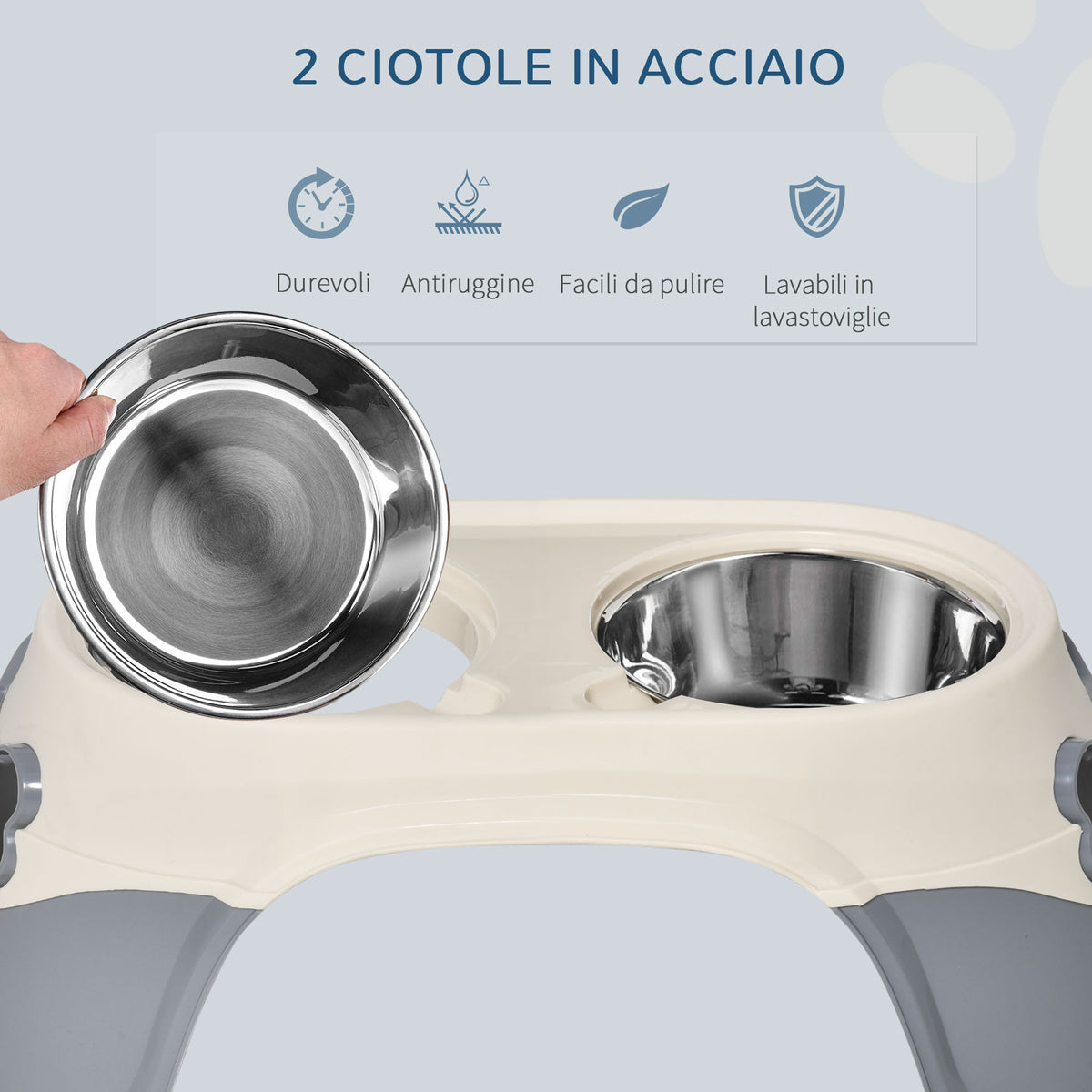 Doppia Ciotola per Cani Rialzata in Acciaio Inox e Plastica con Piedini Antiscivolo, 47x25x20cm, Bianco e Grigio
