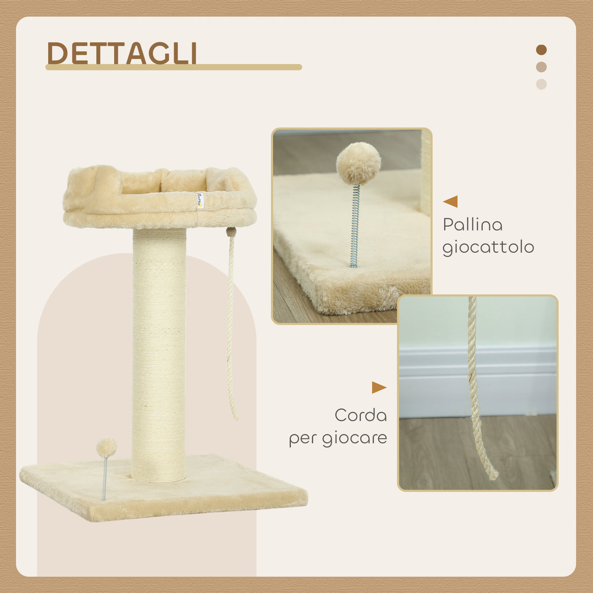 Albero Tiragraffi per Gatti con Lettino e Pallina in Peluche e Palo in Sisal 55x55x83cm Beige