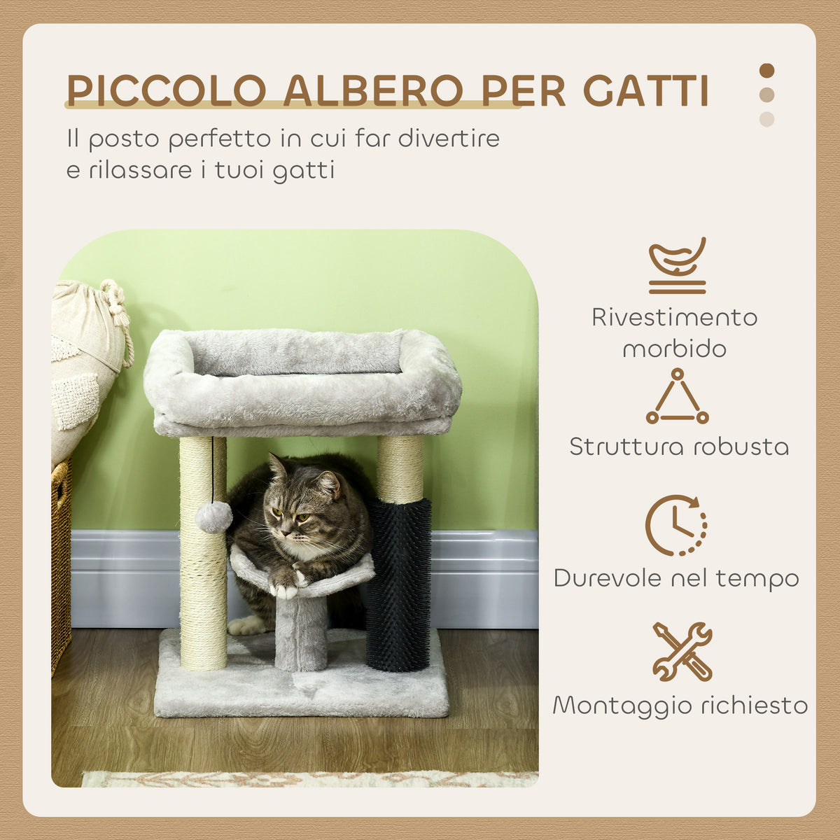 Albero Tiragraffi con Lettino, Piattaforma, Spazzola e Palo in Sisal, 40x40x48 cm, Grigio