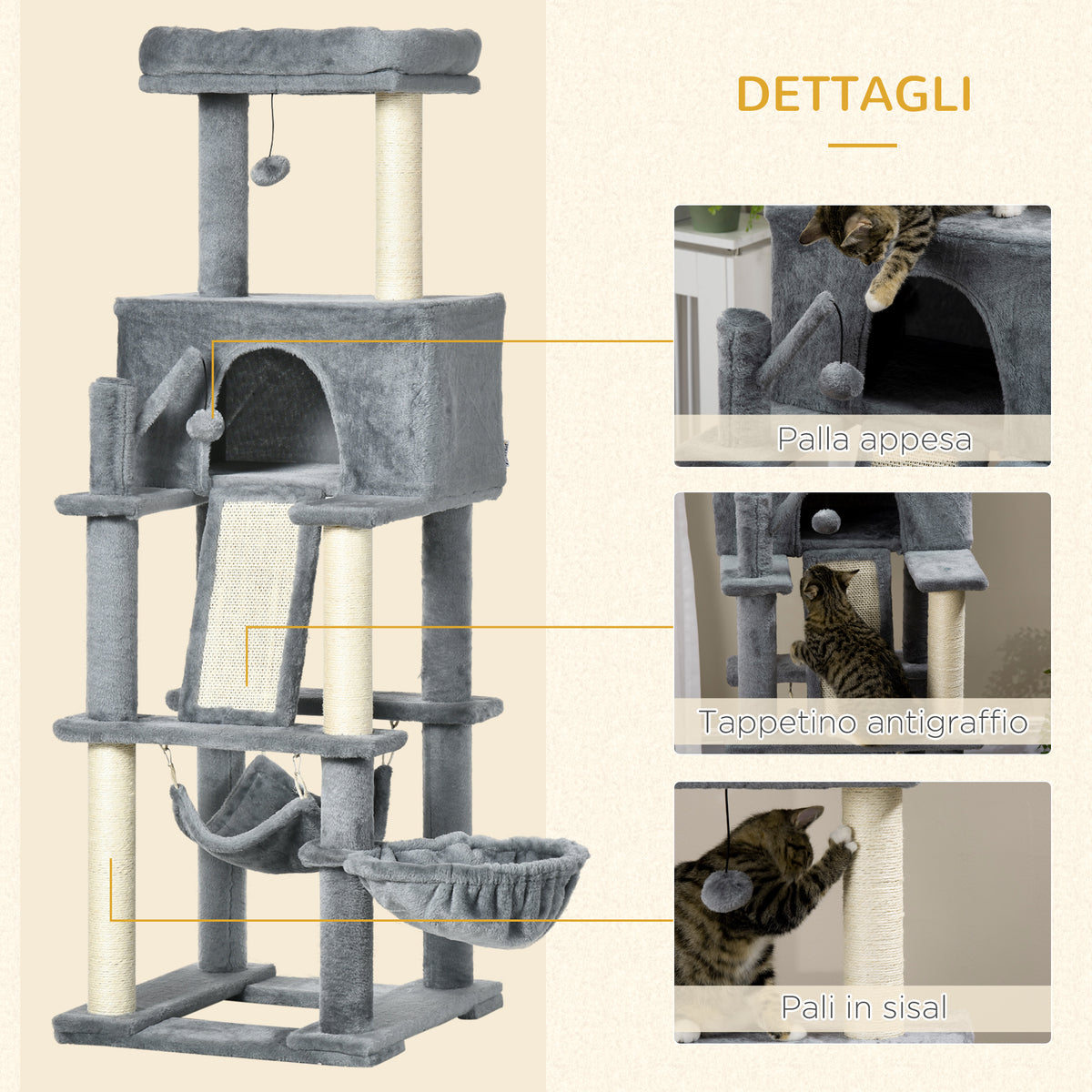 Albero Tiragraffi per Gatti con Pali in Sisal, Casetta, Lettino e Amache, 48x48x140cm, Grigio