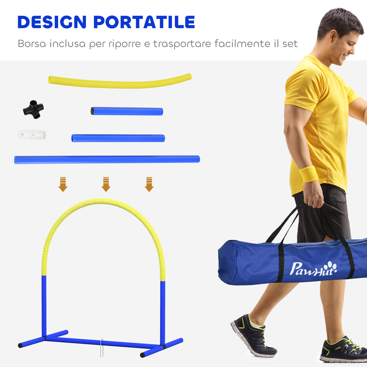 Set Agility Dog con 4 Archi Componibili e Borsa da Trasporto, 88x64x95 cm, Blu e Giallo