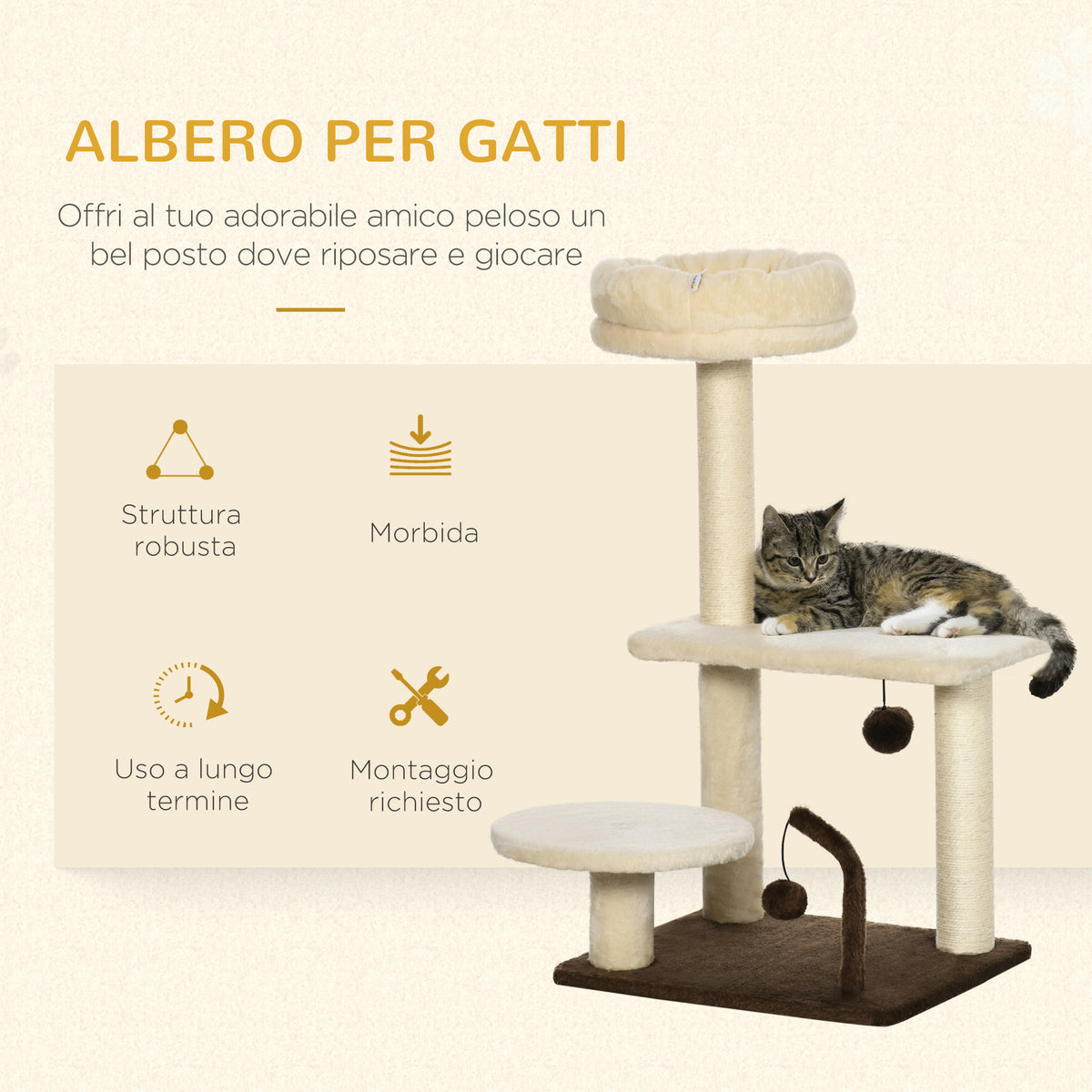 Albero Tiragraffi per Gatti con Palo in Sisal, Posatoio e Palline da Gioco, in Truciolato e Peluche, 44x38x81 cm