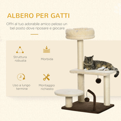 Albero Tiragraffi per Gatti con Palo in Sisal, Posatoio e Palline da Gioco, in Truciolato e Peluche, 44x38x81 cm