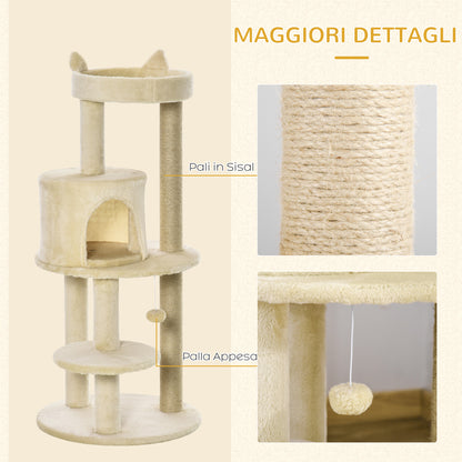 Albero Tiragraffi per Gatti Adulti con Cuccia Spaziosa e Piattaforma, 104 cm, Bianco Crema