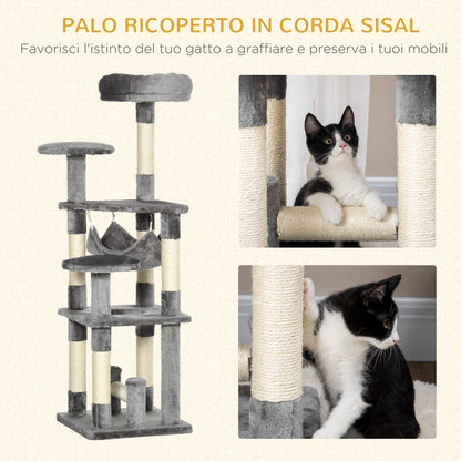 Albero Tiragraffi Giocattolo per Gatti a 4 Livelli con Amaca Cuccia Piattaforme in Peluche Sisal Naturale Altezza 132cm Grigio