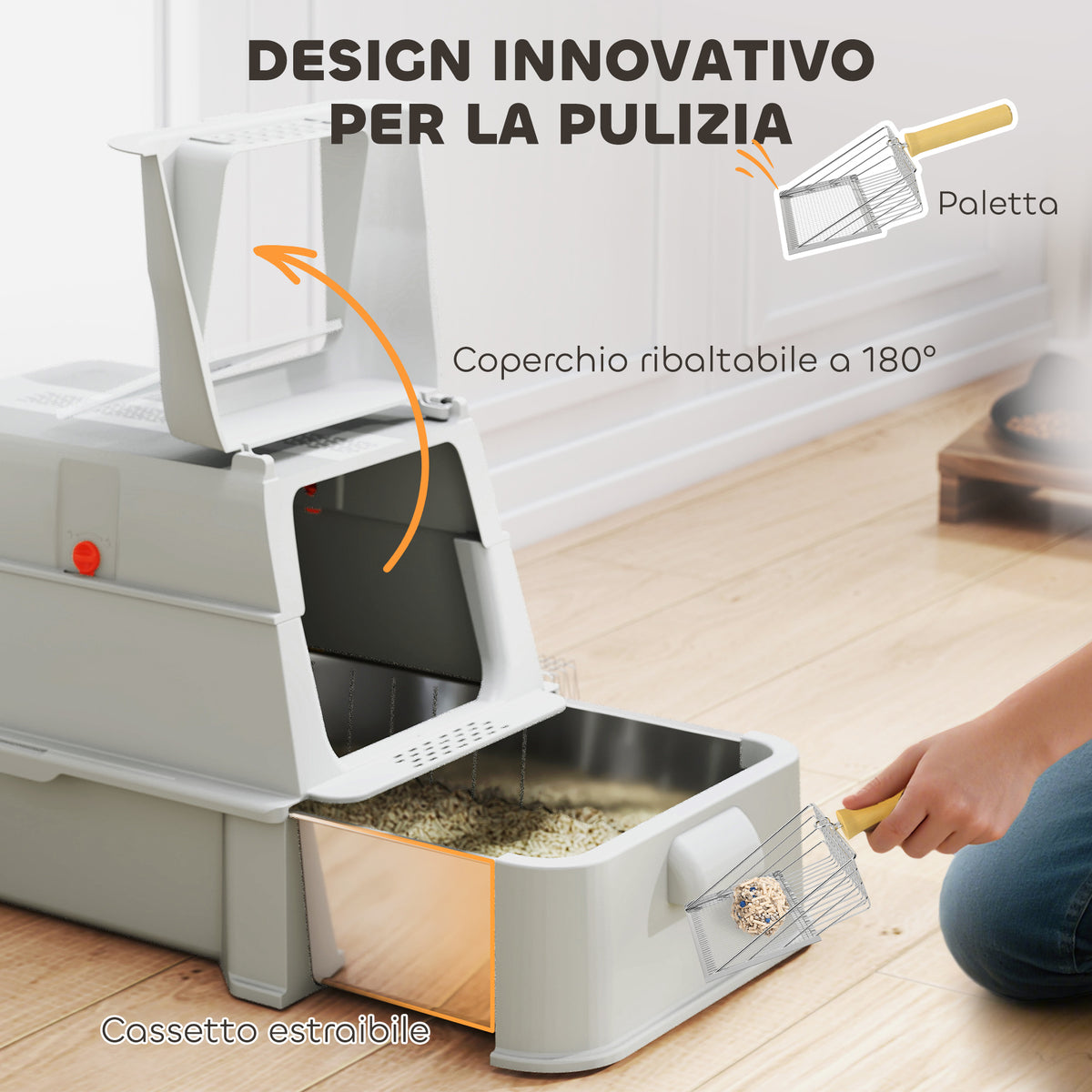 Lettiera per Gatti Chiusa da 80L con Vassoio Estraibile, in ABS e Acciaio Inox, 63x43x43 cm, Grigio Chiaro