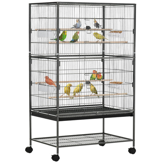 Gabbia per Uccelli da Interni in Legno con Vassoio, 4 Ruote e Trespolo, 78x52x132cm