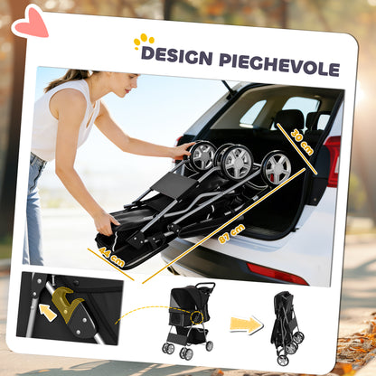 Passeggino per Cani Pieghevole con Cestino e Portabicchiere, Peso Max. 10 kg, 77x44x102 cm, Nero