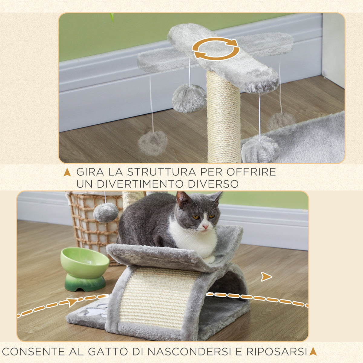 Albero Tiragraffi per Gatti in Peluche con Palo in Sisal, Cuccia e 2 Palline, 40x30x43cm, Grigio