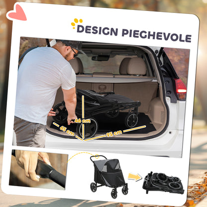 Passeggino per Cani Pieghevole con Ingressi a Cerniera e Finestre a Rete, 112x65x100 cm, Grigio Scuro e Nero