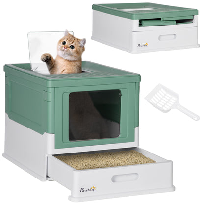 Lettiera per Gatti Chiusa con Paletta, Vassoio Estraibile e 2 Porte, 47.5x35.5x36.7cm, Verde