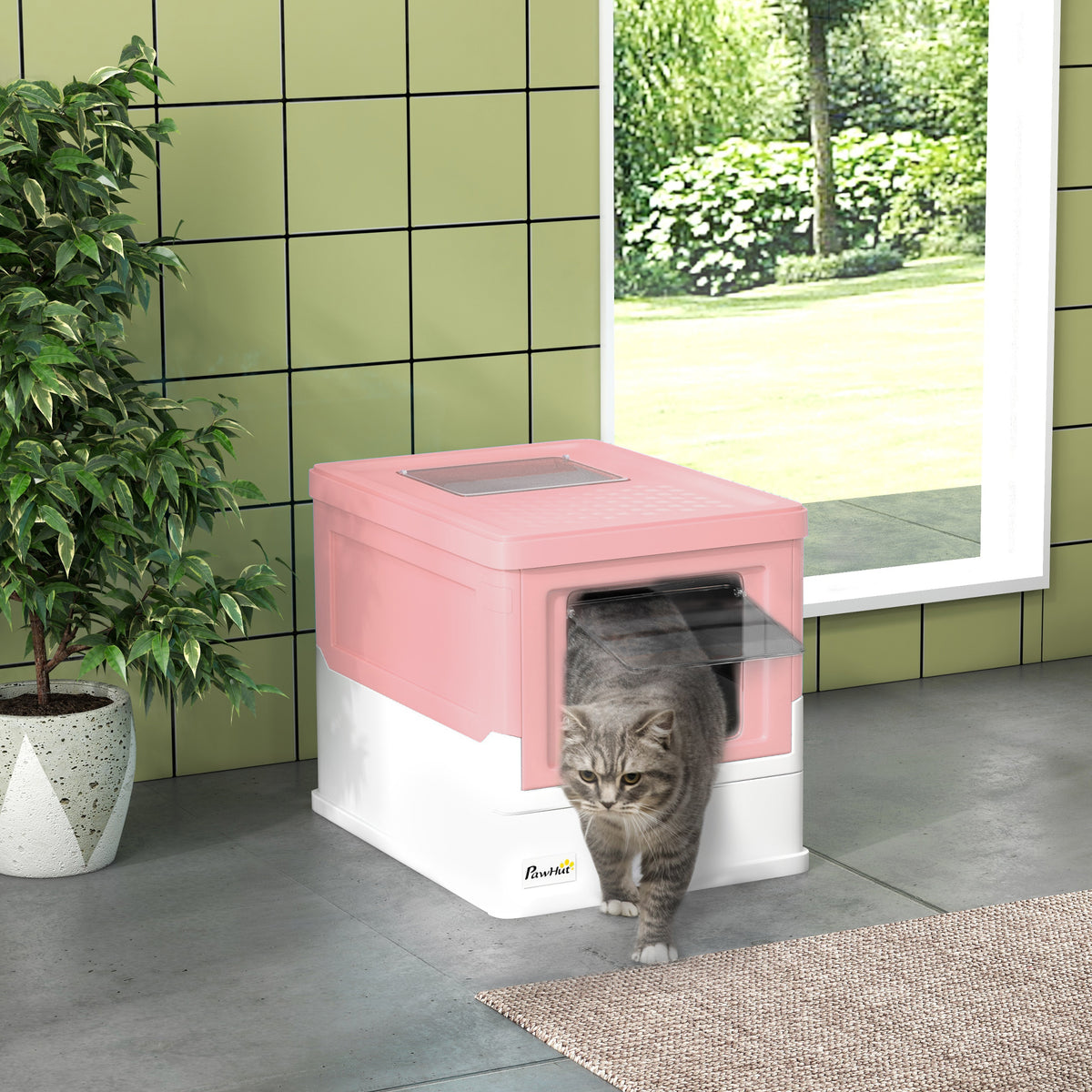 Lettiera per Gatti Chiusa in PP a 2 Porte con Paletta e Vassoio Estraibile, 47.5x35.5x36.7 cm, Rosa e Bianco