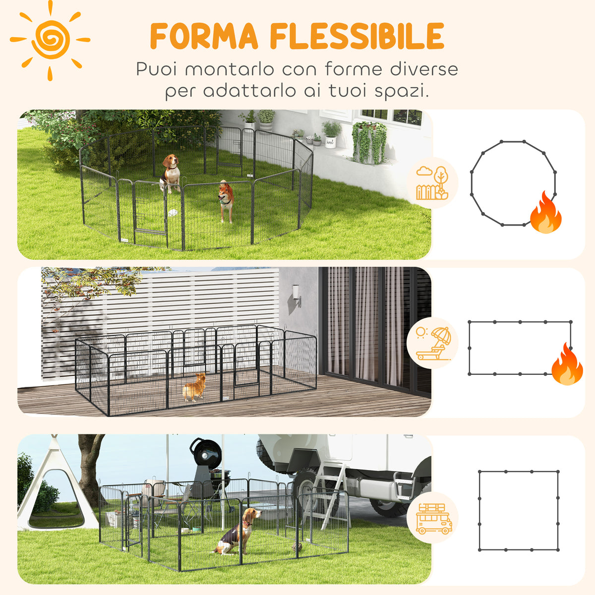 Recinto per Cani a 12 Pannelli Modulabili da 80x1.5x80 cm, Pieghevole con Porta in Acciaio, 12 Picchetti, Grigio