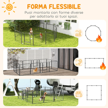 Recinto per Cani a 12 Pannelli Modulabili da 80x1.5x80 cm, Pieghevole con Porta in Acciaio, 12 Picchetti, Grigio