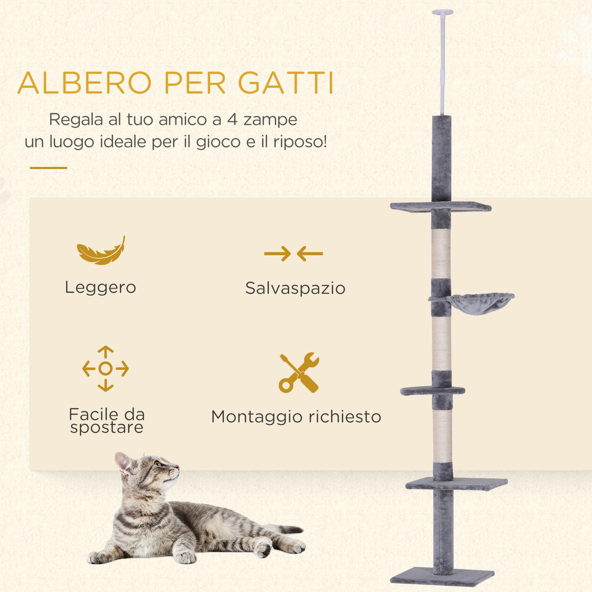 Albero Tiragraffi a 4 Livelli ad Altezza Regolabile, in Truciolato, Peluche e Sisal, 40x34x230-260 cm, Grigio