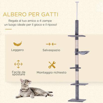 Albero Tiragraffi a 4 Livelli ad Altezza Regolabile, in Truciolato, Peluche e Sisal, 40x34x230-260 cm, Grigio
