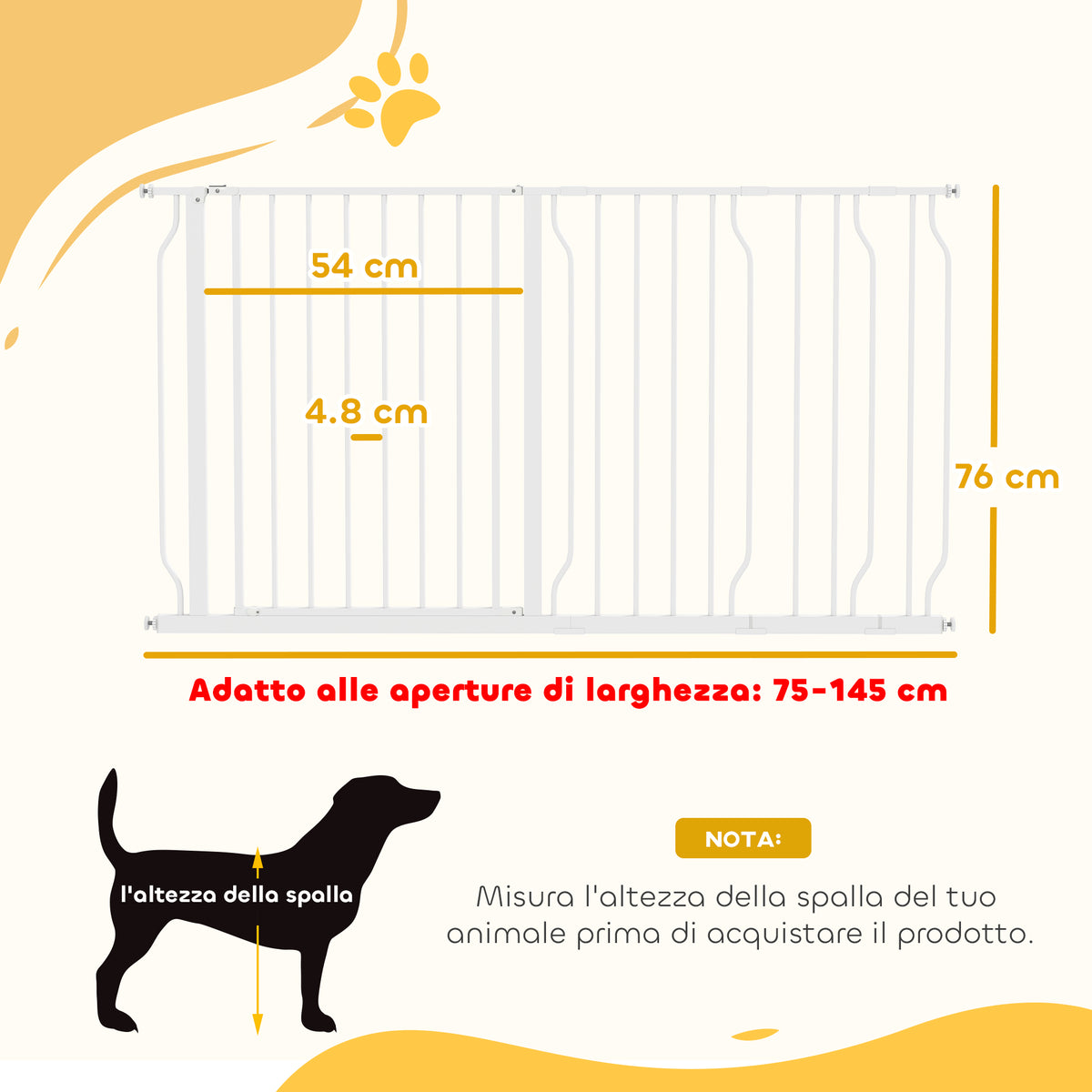 Cancelletto di Sicurezza per Cani in Acciaio e ABS, Estensibile 75-145cm per Scale e Porte, Bianco