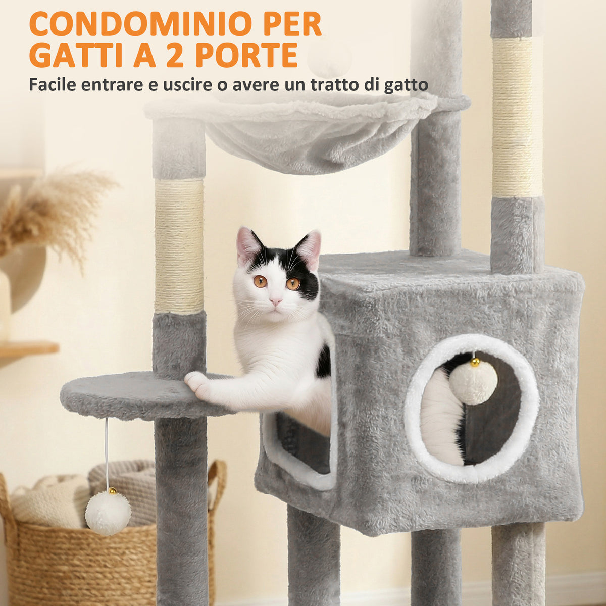Albero Tiragraffi per Gatti con 2 Casette, Rampa, Trespoli e 4 Palline, 48x40x165 cm, Grigio e Bianco
