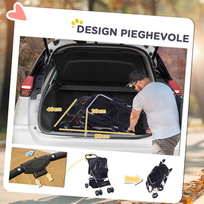 Passeggino per Cani Piccoli Pieghevole, Carrozzina per Cani con Ruote con Freni, Portabicchieri, Cestino Portaoggetti, 3 Finestre e Ruote Anteriori a 360, per Animali Domestici 10 kg, Nero