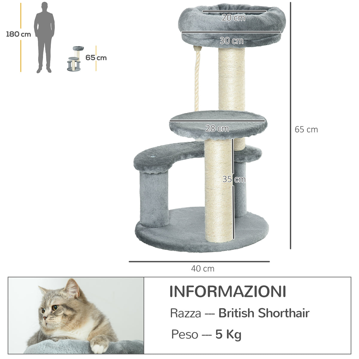 Albero Tiragraffi per Gatti a 3 Livelli con Piattaforme, Lettino e Pali in Sisal, Torre per Gatti con Rivestimento in Peluche, 40x65 cm, Grigio