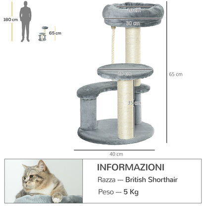 Albero Tiragraffi per Gatti a 3 Livelli con Piattaforme, Lettino e Pali in Sisal, Torre per Gatti con Rivestimento in Peluche, 40x65 cm, Grigio
