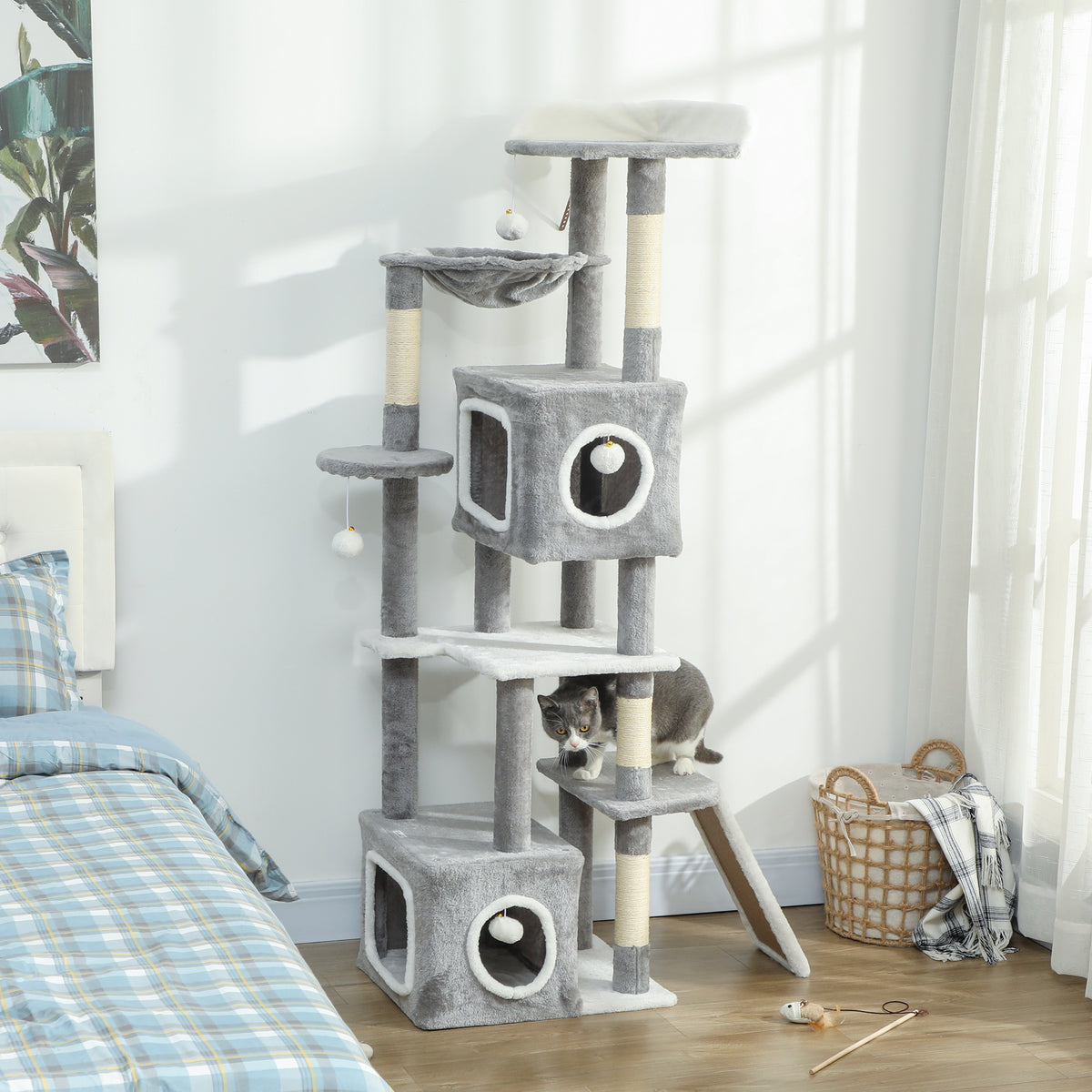 Albero Tiragraffi per Gatti con 2 Casette, Rampa, Trespoli e 4 Palline, 48x40x165 cm, Grigio e Bianco