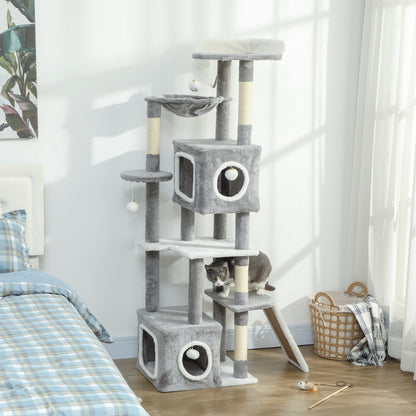 Albero Tiragraffi per Gatti con 2 Casette, Rampa, Trespoli e 4 Palline, 48x40x165 cm, Grigio e Bianco