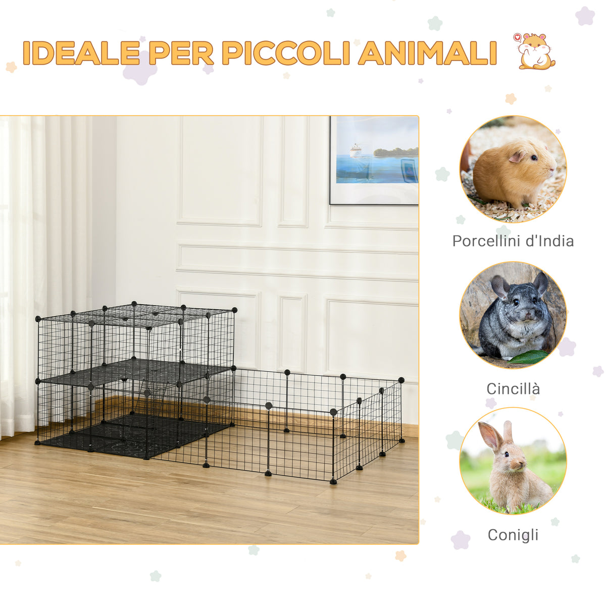 Recinto per Conigli Modulabile in Metallo con Scaletta e Accessori Montaggio, 175x105x70cm - Nero
