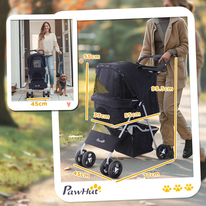 Passeggino per Cani Piccoli Pieghevole, Carrozzina per Cani con Ruote con Freni, Portabicchieri, Cestino Portaoggetti, 3 Finestre e Ruote Anteriori a 360, per Animali Domestici 10 kg, Nero