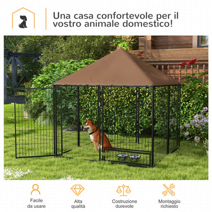 Recinto per Cani in Metallo e Tessuto Oxford con Porticina per Ciotole, 141x141x151 cm, Nero e Marrone