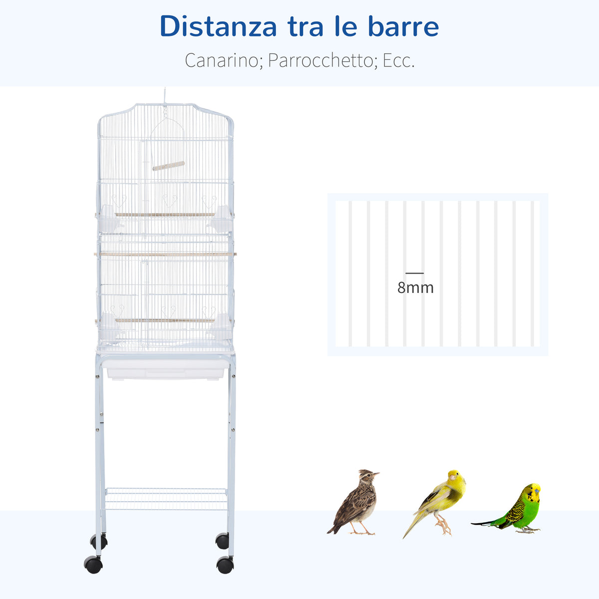 Gabbia per Uccelli, Voliera in Metallo e Acciaio con Ruote, Trespoli e Ciotole, 46.5x36x157cm, Bianco