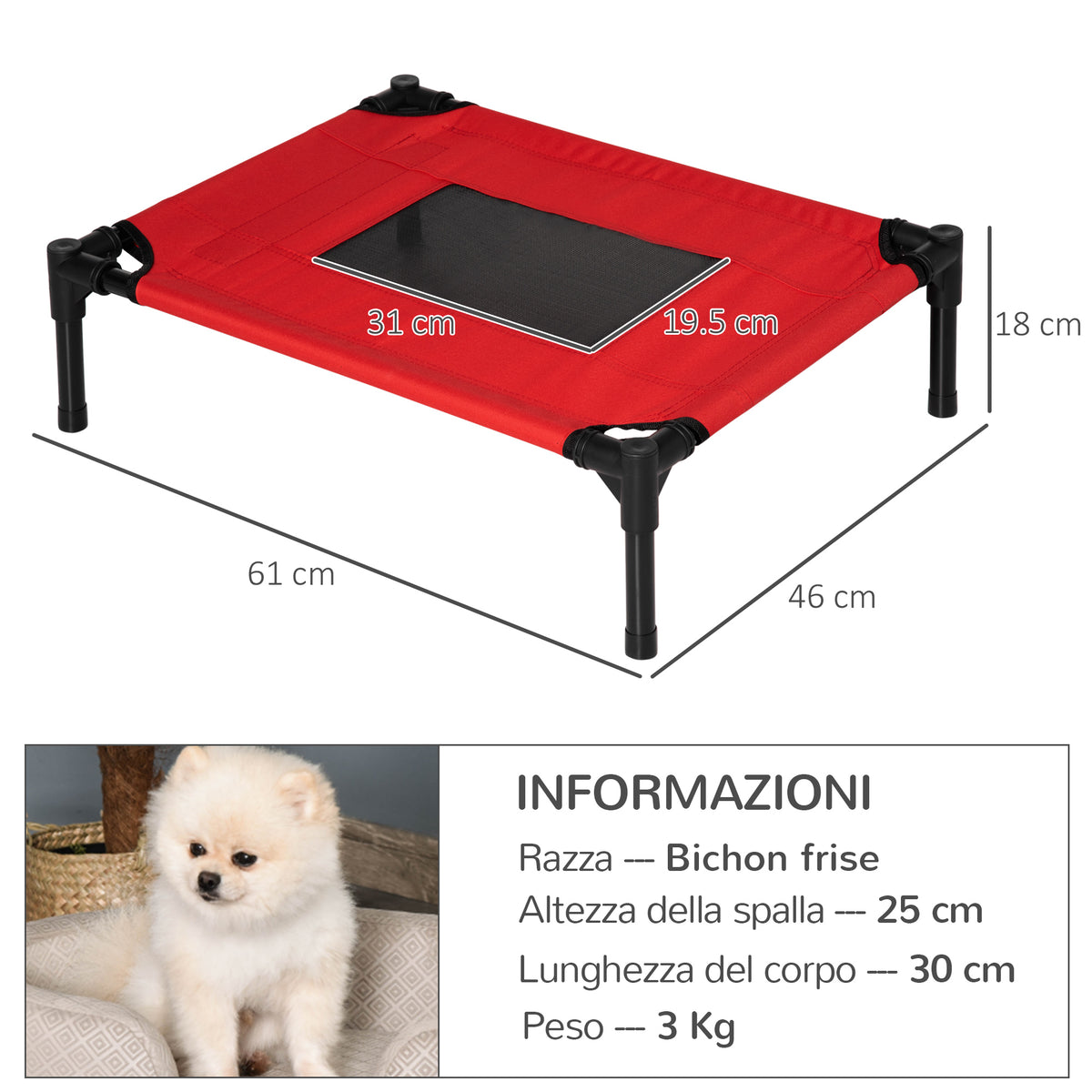 Cuccia Estiva Brandina per Cani fino a 11.3kg da Esterno e Interno, 61x46x18 cm, Rosso