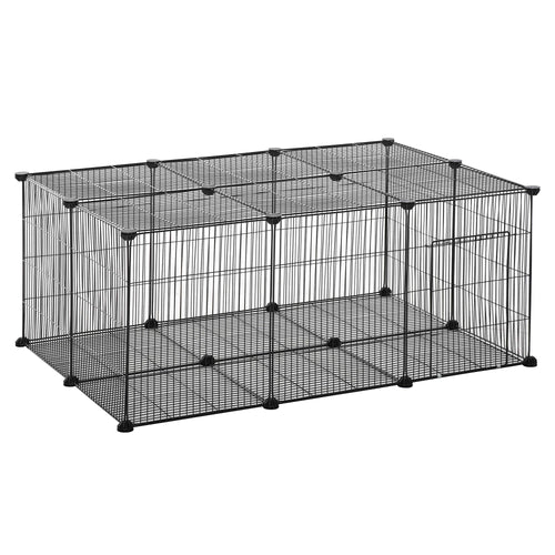Gabbia per Conigli e Piccoli Animali, 22 Pannelli Modulabili in Metallo con Porta, Nero, 105 x 70 x 45cm