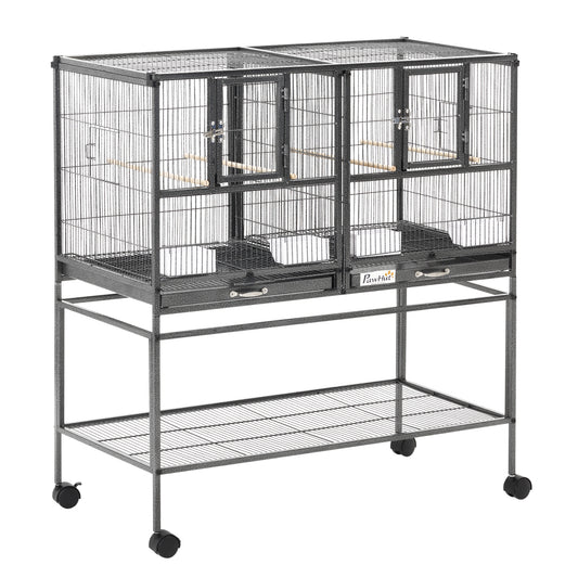 Doppia Gabbia per Uccelli in Metallo di Alta Qualità con Vassoi Estraibili, Supporto Stabile con 4 Ruote e Ripiano, 95x45.5x102cm, Nero Grigio