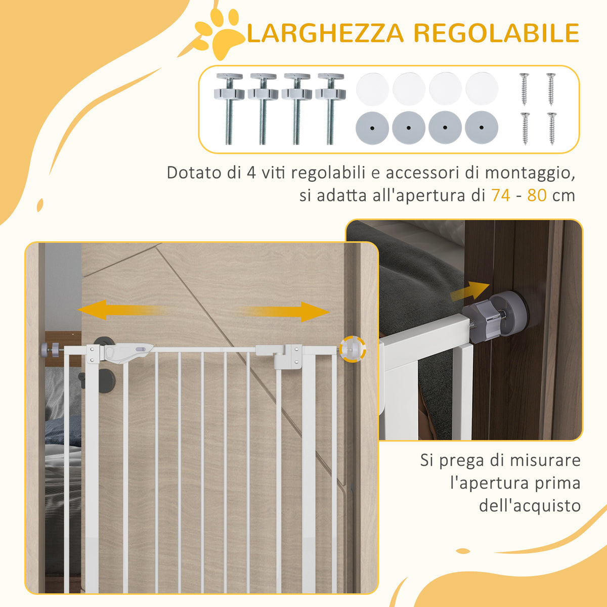 Cancellino per Cani Regolabile Alto con Porta Piccola e Chiusura Automatica, 74-80x104cm, Bianco