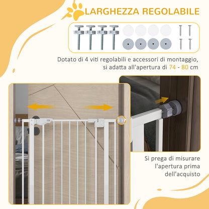 Cancellino per Cani Regolabile Alto con Porta Piccola e Chiusura Automatica, 74-80x104cm, Bianco
