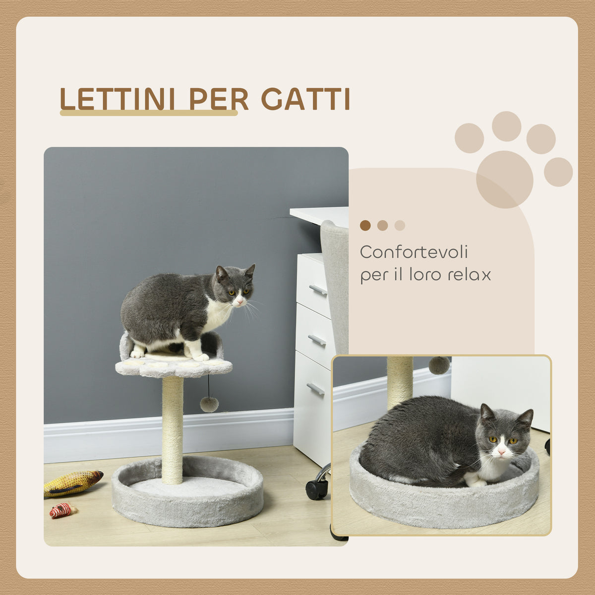 Tiragraffi per Gatti con Lettini, Corda in Juta e Peluche, 41x41x44 cm, Grigio Chiaro