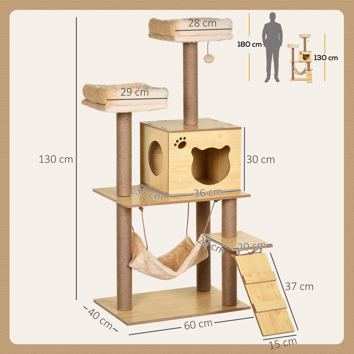 Albero Tiragraffi per Gatti con Casetta, 2 Lettini, Amaca e Pallina, in Legno, Poliestere e Sisal, 60x40x130 cm